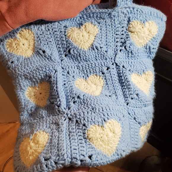 Handmade Crochet Pale Blue Heart Tote Bag - Picture 2 of 6